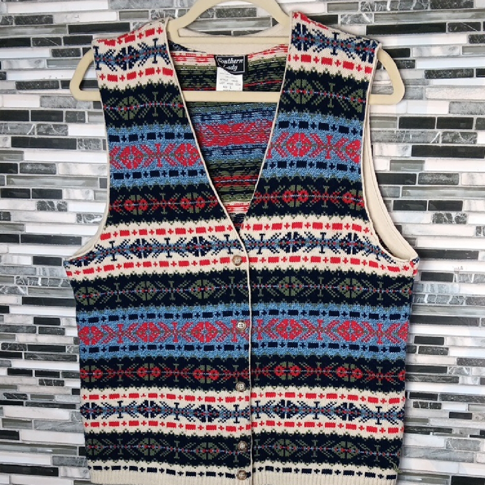 Grannycore Multicolor Knit Vest L Vintage Nordic Acrylic Winter Southern Lady